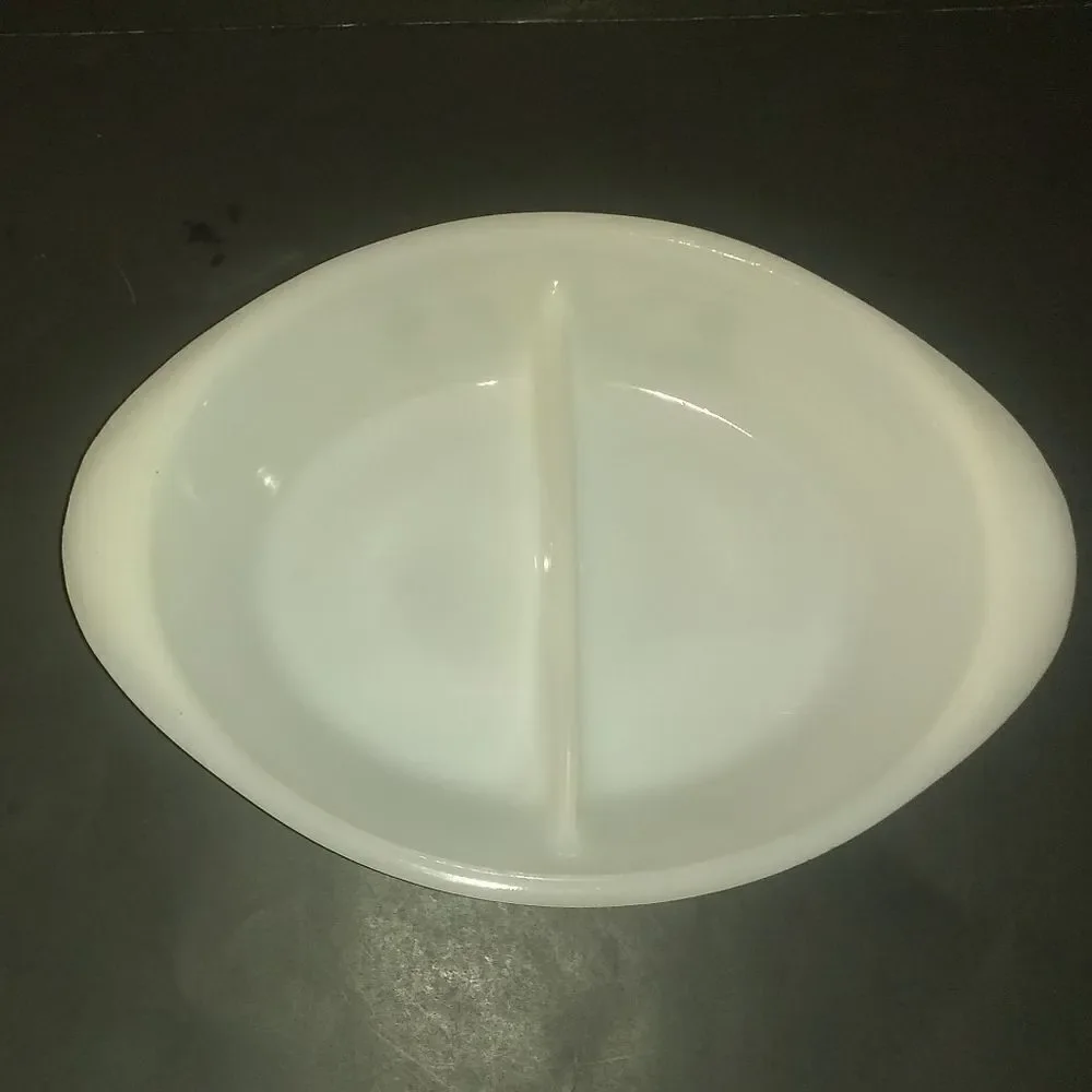 Glasbake Milk Glass Oval Divided Baking Dish